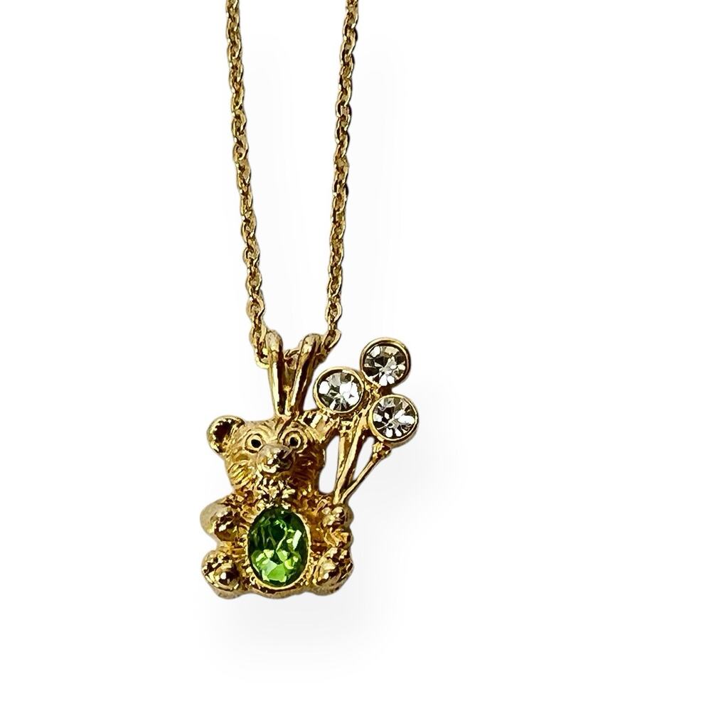 Necklace Teddy Bear Balloons Rhinestones Green Clear Gold Tone Sparkle Birthday